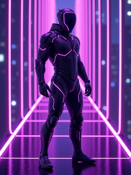 mad-cyberspace, man wearing futuristic bodysuit, dynamic pose, purple glowing outlines, purple coloring, grid, cyberpunk, cityscape, photorealistic <lora:Neon_Cyberpunk_Cyberspace_FLUX:0.6>
