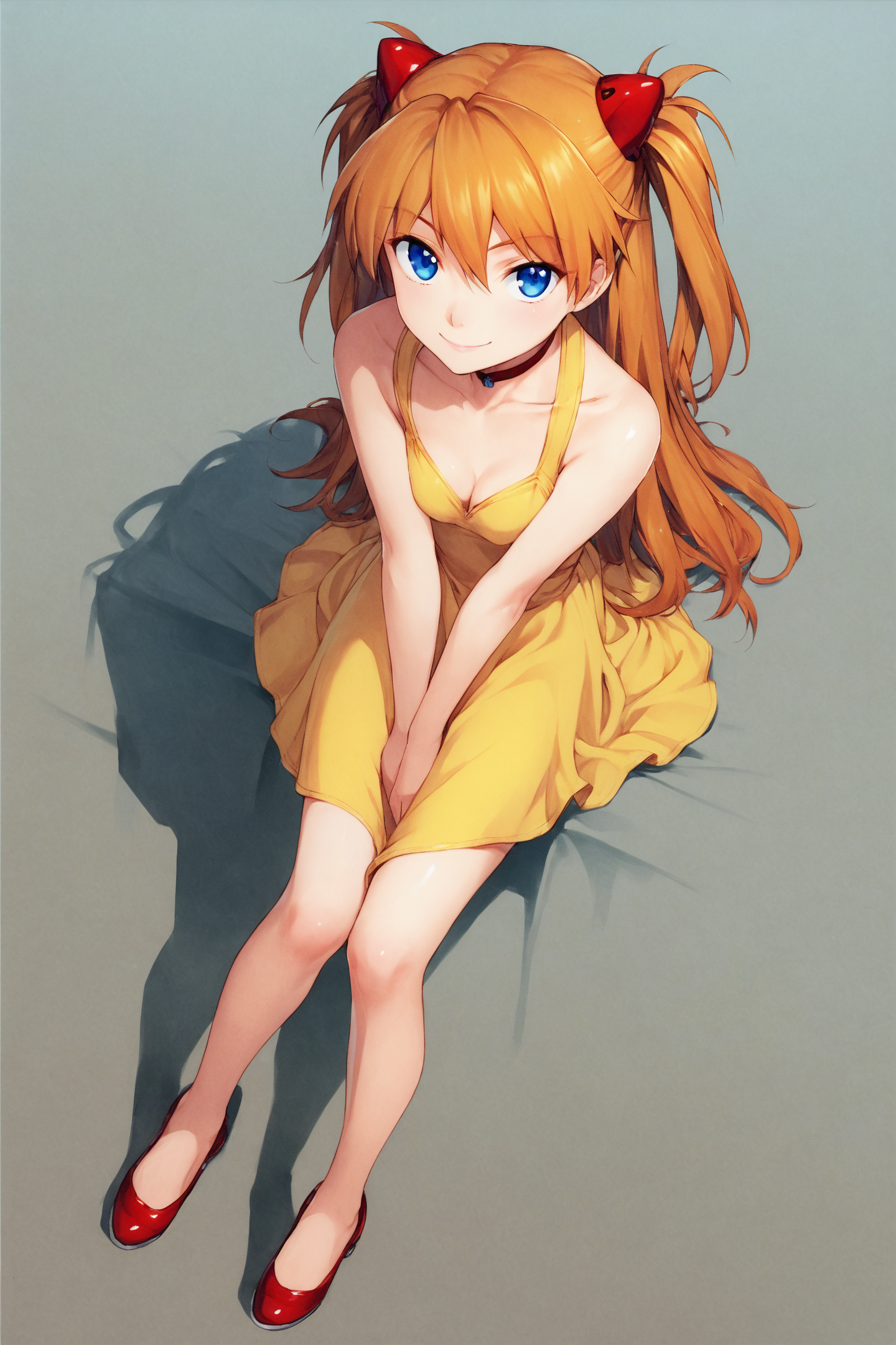 score_9,score_8_up,score_7_up,masterpiece,best quality,
1girl,souryuu asuka langley,yellow dress,dress,solo,shadow,long hair,blue eyes,breasts,gradient,orange hair,gradient background,smile,choker,sitting,shoes,bangs,full body,cleavage,looking at viewer,small breasts,bare shoulders,from above,two side up,yellow background,v arms,light smile,sleeveless,hair ornament,closed mouth,sleeveless dress,traditional media,
<lora:Koume Keito_XL_PONY:0.9>,
