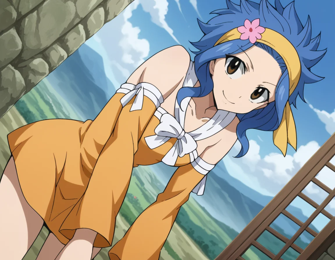 score_9, score_8_up, score_7_up, source_anime,
levymcgarden, <lora:levy-mcgarden-s7-ponyxl-lora-nochekaiser:1>,
levy mcgarden, brown eyes, blue hair, short hair, sidelocks,
hair ornament, dress, bare shoulders, collarbone, flower, detached sleeves, hair flower, strapless, headband, short dress, strapless dress, orange dress,
indoors, landscape, bent over, smile,
looking at viewer, dutch angle, cowboy shot,