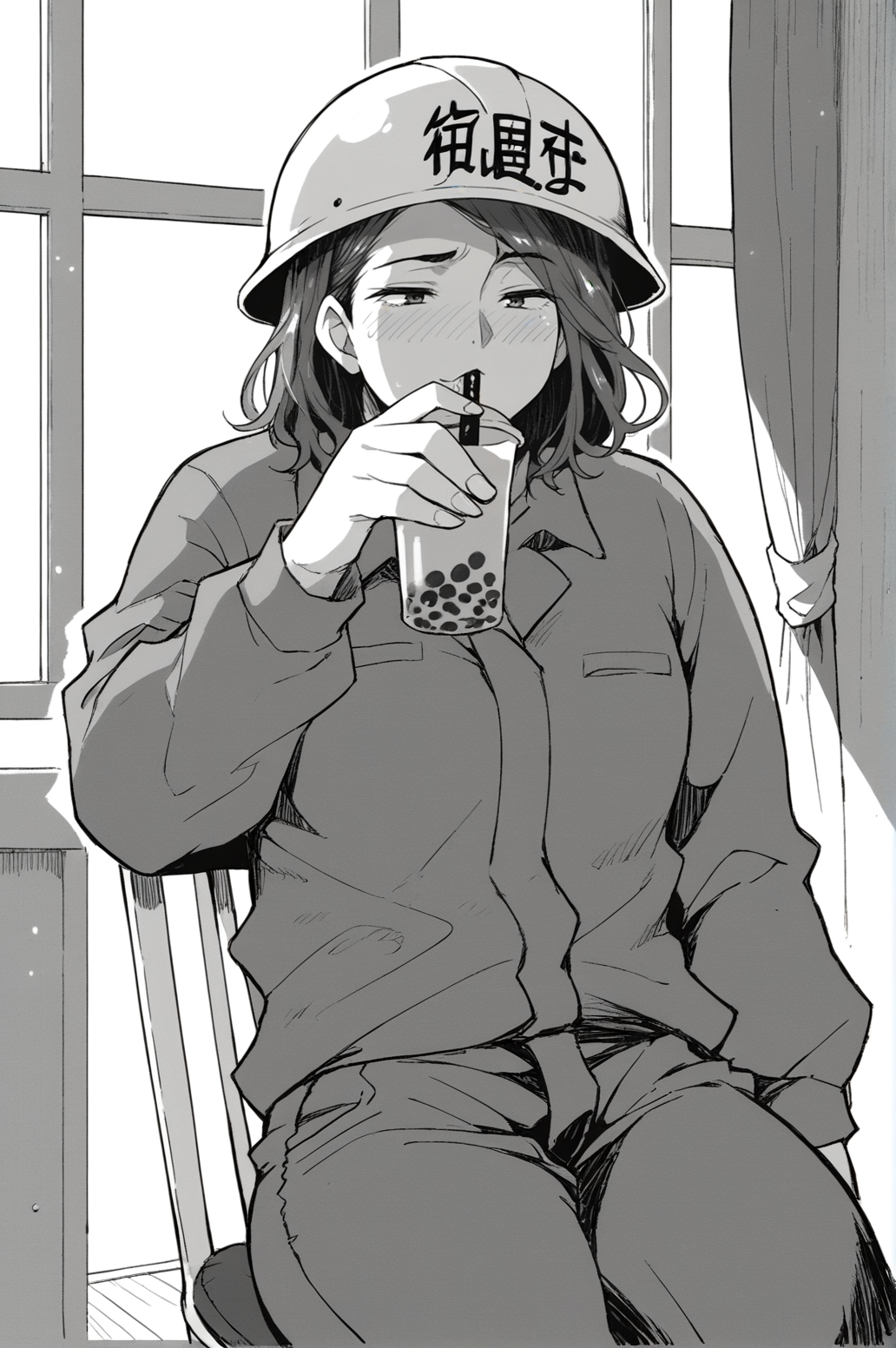 score_9, score_8_up, score_7_up, monochrome, manga_source, best background, detailed background, manga, grayscale  Kito, helmet, indoors, naughty face, solo, horny, cowboy shot, indoors, drinking, bubble tea, sitting, chair,   <lora:JN_Kito:0.8>