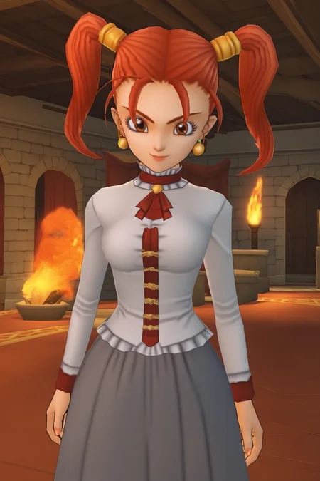 score_9, score_8_up, score_7_up, score_6_up,
<lora:Jessica_Albert_3D_model_style_Dragon_Quest_VIII_-_Pony:1>
Jessica posh clothing (outfit), Jessica Albert (character), 3D character model, in-game character model, 1girl, solo, twintails, jewelry, earrings, red hair, gray skirt, looking at viewer, smile, fire, long sleeves, shirt, brown eyes, indoors, standing, looking at the viewer, facing the viewer