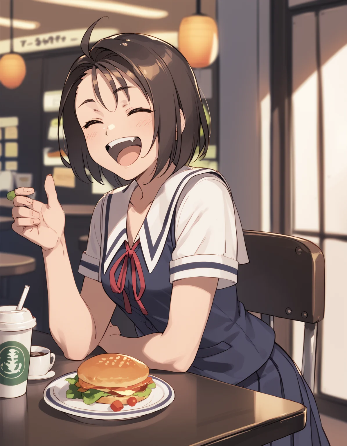 score_9, score_8_up, score_7_up <lora:kazama-akira-ponyxl-000013:1> rskzm, serafuku, blue vest,
laughing, cafe