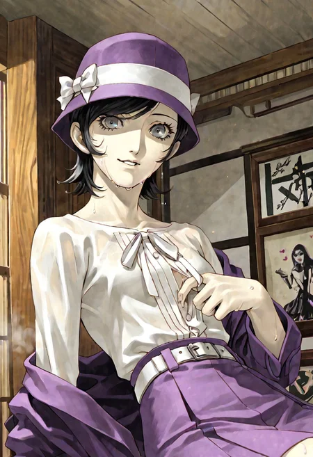 HDR, 8K, masterpiece, best quality, amazing quality, high resolution, absurdres, (2d, watercolor \(medium\)), 1girl, solo, (asakura tae, taedsrk, kazuma kaneko, kanekostyle, shin megami tensei, atlus, official art), lips, [[[black upper lip]]], eye shadow, eyelashes, black hair, short hair, (swept bangs), grey eyes, small breasts, slender, very skinny, narrow waist, toned, pale skin, (sweat, wet, hot, steam, dripping, flushed), calm, casual, (embarrassed), nervous, parted lips, smile, looking at viewer, purple hat, bucket hat, white ribbon, purple jacket, white shirt, unbuttoning, undressing, white belt, purple skirt, sitting, leaning back, japanese town, office, clouds, heart, twitching, commentary, dynamic angle, aid291, close up