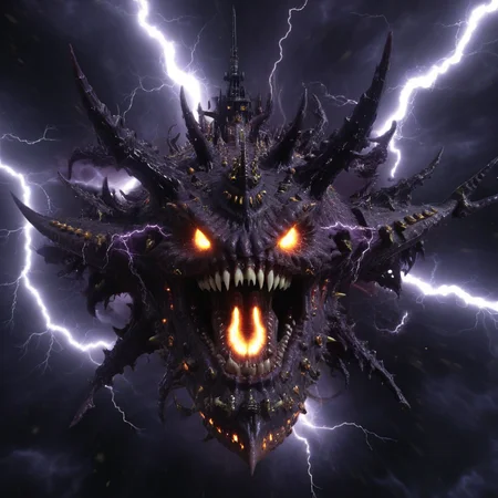 <lora:Chaos_Warfleet_-_Warhammer_40000_SDXL:1>chaoswarfleet,battleship,space,warp,demonic presence,demonic face,distortion,lightning,plasma,protuberance,black hole,vortex,nightmare,