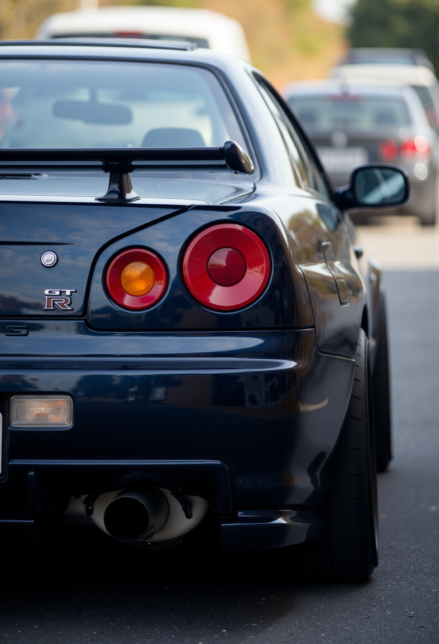 <lora:Nissan_Skyline_GT-R_R34:0.8> A slightly close shot of a modified Nissan Skyline GT-R R34 in all its shining glory. Mirror-like, flossy finish.