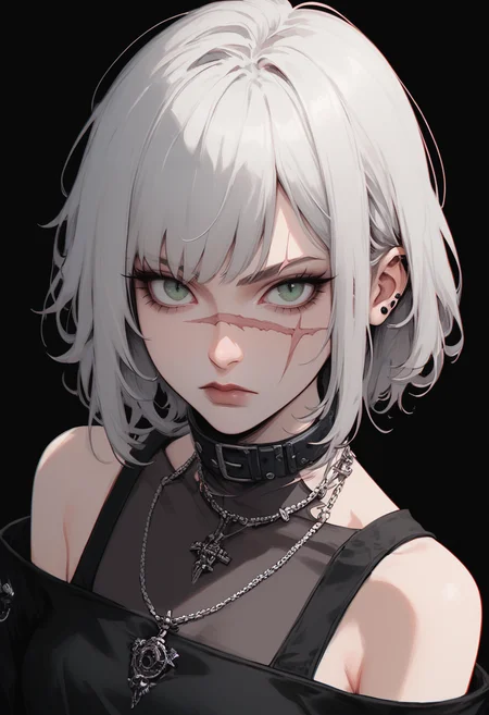 score_9, score_8_up, score_7_up, Goth girl, goth girl 1girl, 1girl,solo,looking at viewer,short hair,bangs,simple background,bare shoulders,jewelry, ,closed mouth,green eyes,white hair,grey hair,medium hair,necklace,collar,scar,black background,portrait,,scar on face,scar across eye,covered collarbone,  <lora:Goth_girl_XL-v2:0.8>