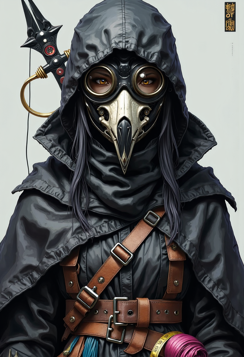 yfg-sm0rg cyberpunk, anime, 1 crow female, Black Nokizaru (Ninja/Witch), plague doctor mask (black, shiny, hard), cloak of shadows, Scissors of the Norns (Athame, jagged, ancient, cruel, large scissors), familiar (large black crow wearing a bone mask), goggles, bandolier of thread (various colors), leather jerkin (many pockets, small scissors, measuring tape), tailoring gloves, merchants outfit, 
Through the union of stealth and witch magic, a unique brand of assassin has emerged from the dark of night. Ritualistically bonded to a spirit that is sealed within a mystical blade, black nokizaru combine ki and dark magicks to silence her foes and inflict deadly wounds with disturbing precision. These enigmatic assailants are a force to be reckoned with, for those they fail to slay are often left with cruel curses and horrific wounds. stealthy, sharp shadows, web of threads, assassin disguised as a seamstress, mysterious, deadly,