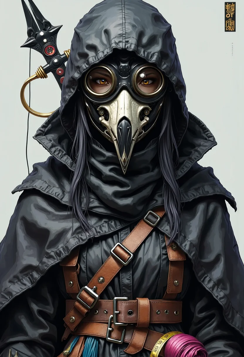 yfg-sm0rg cyberpunk, anime, 1 crow female, Black Nokizaru (Ninja/Witch), plague doctor mask (black, shiny, hard), cloak of shadows, Scissors of the Norns (Athame, jagged, ancient, cruel, large scissors), familiar (large black crow wearing a bone mask), goggles, bandolier of thread (various colors), leather jerkin (many pockets, small scissors, measuring tape), tailoring gloves, merchants outfit,
Through the union of stealth and witch magic, a unique brand of assassin has emerged from the dark of night. Ritualistically bonded to a spirit that is sealed within a mystical blade, black nokizaru combine ki and dark magicks to silence her foes and inflict deadly wounds with disturbing precision. These enigmatic assailants are a force to be reckoned with, for those they fail to slay are often left with cruel curses and horrific wounds. stealthy, sharp shadows, web of threads, assassin disguised as a seamstress, mysterious, deadly,