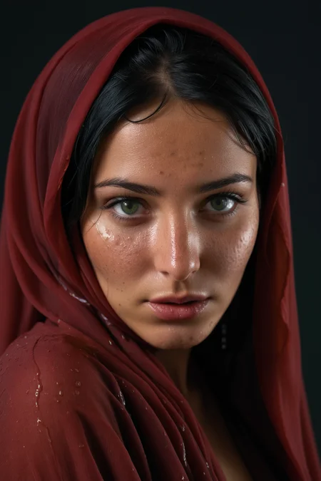 medium body of beautiful young afghan girl, soft skin, black hair, green eyes, freckles, wearing dark red hijab, studio lighting, shadow on face, wet skin, sad expression, blushing, wearing brown dress, <lora:LCM-LoRA-XL_V1:0.212218>, <lora:SDXLHighDetail_v5:0.3>