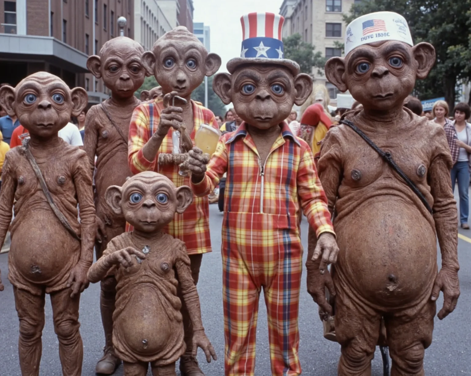 A highly detailed photo of a diverse fashionable menagerie of alien and ET the extra-terrestrial alien races and species, of different body shapes and sizes, various faces and heads, differing neck lengths, wearing a rainbow of radioactive glowing plaid USA leisure suits, short and tall, fat and thin, ears and no ears, different eye colors, in a parade celebrating the USA bicentennial in 1976. Mac with pointy elven ears, Nukie round ears, only ET does not have ears, beer can Mac, stoned Nukie, Uncle Sam ET, tri-corner hat Nukie, fat ET, Mac the knockoff extra terrestrial.