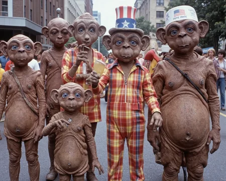 A highly detailed photo of a diverse fashionable menagerie of alien and ET the extra-terrestrial alien races and species, of different body shapes and sizes, various faces and heads, differing neck lengths, wearing a rainbow of radioactive glowing plaid USA leisure suits, short and tall, fat and thin, ears and no ears, different eye colors, in a parade celebrating the USA bicentennial in 1976. Mac with pointy elven ears, Nukie round ears, only ET does not have ears, beer can Mac, stoned Nukie, Uncle Sam ET, tri-corner hat Nukie, fat ET, Mac the knockoff extra terrestrial.