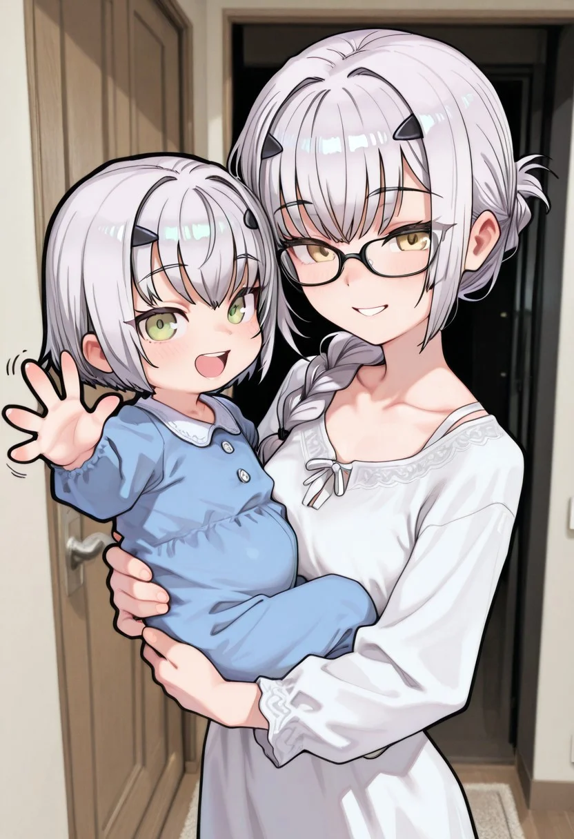 photo background, 1girl, Melusine Fate/Grand Order (gray hair, yellow eyes, standing, casual clothing, black-framed eyewear, braided ponytail, collarbone, glasses), looking at viewer, long hair, open mouth, smile, daytime, indoors,
holding baby, baby (green eyes, gray hair, short hair), nurturing expression, gentle embrace, maternal atmosphere, masterpiece, best quality, absurdres, heavy lines, black outline, extremely detailed shading, distortion-free, detailed hands (5 fingers each)
