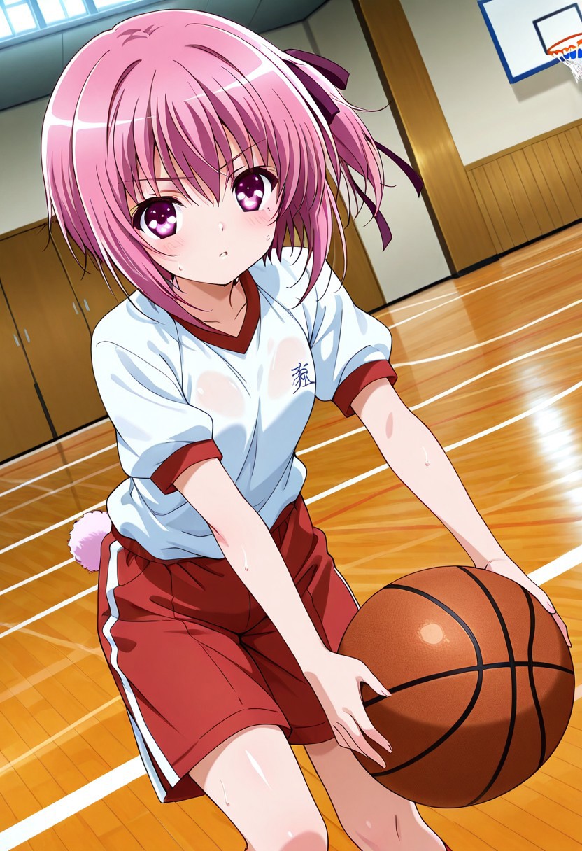 general,highres, ultra-detailed,very aesthetic,best quality ,best hands,best eyes,easynegative,
dynamic anglre, dutch angle, anime cloring,
1girl solo,looking at viewer,indoors, PE, basketball, playing basketball, sweat,
Tomoka Minato,pink_hair, short_hair, short_side tail,hair ribbon, purple eyes, small breasts, short body,gym uniform