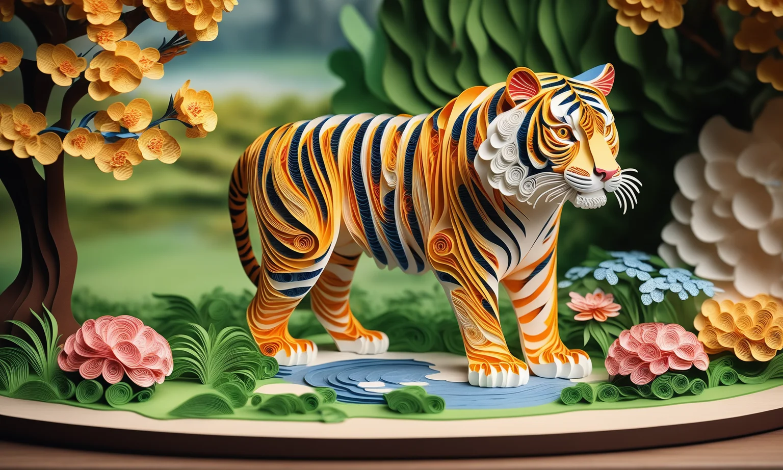 Paper quilling art of <lora:papercarvingcd_xl-000005:0.6>,a handmade sculpture of a tiger made of papercarvingcd_xl in office scene,full body,scenery,tree,river,stone,lawn,miniature,tilt-shift,indoors,chinese zodiac,wooden table,cutie,cute,still life,animal statue,front view,facing viewer,looking at viewer,8K,HDR,UHD,masterpiece,best quality,highly detailed,high resolution,finely detail,extremely detailed,ultra detailed,wallpaper . Intricate, delicate, curling, rolling, shaping, coiling, loops, 3D, dimensional, ornamental