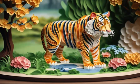 Paper quilling art of <lora:papercarvingcd_xl-000005:0.6>,a handmade sculpture of a tiger made of papercarvingcd_xl in office scene,full body,scenery,tree,river,stone,lawn,miniature,tilt-shift,indoors,chinese zodiac,wooden table,cutie,cute,still life,animal statue,front view,facing viewer,looking at viewer,8K,HDR,UHD,masterpiece,best quality,highly detailed,high resolution,finely detail,extremely detailed,ultra detailed,wallpaper . Intricate, delicate, curling, rolling, shaping, coiling, loops, 3D, dimensional, ornamental
