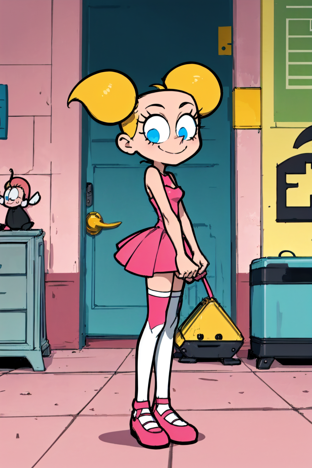 blonde hair, deedee, solo, white legwear, pink dress, twintails, blue eyes, 1girl, short twintails, smile, standing, pink footwear ,  <lora:deedee3.0-000008:0.5>