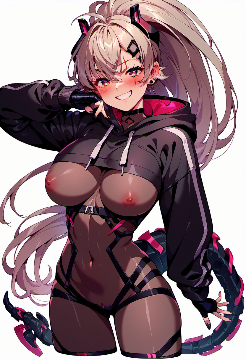 zPDXL, zPDXLxxx, score_9, score_8_up, score_7_up, score_6_up, score_5_up, score_4_up, BREAK source_anime, <lora:Saruei_Indie_Vtuber_for_PonyXL:1>, saruei, 1girl, black nails, breasts, gloves, ear piercing, scar across eye, partially fingerless gloves, piercing, cropped hoodie, solo, long hair, smile, large breasts, covered navel, scar, hoodie, hair ornament, tail, bodysuit, hood, ponytail, looking at viewer, hairclip, black gloves, mechanical tail, nail polish, fingerless gloves, grey bodysuit, grin, horns, long sleeves, mechanical horns, bodystocking, black hoodie, white background, very long hair, black bodysuit, simple background, blush,bright