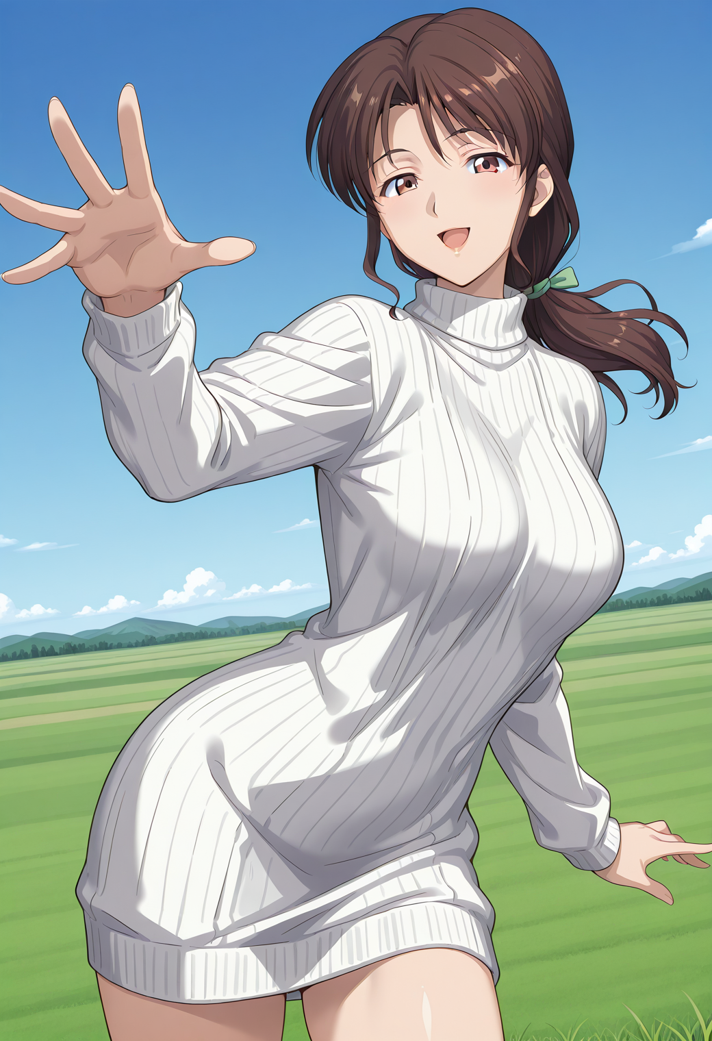 kuon_setsuko, brown eyes, brown hair, ponytail, long hair, mature female, white sweater, sweater dress, turtleneck, ribbed sweater, long sleeves, <lora:kuon_setsuko_illustrious_ver1:0.8>
smile, open mouth,, masterpiece, best quality, sensitive,, 1girl, solo, blue sky, (grasslands:1.2), looking at viewer,, (cowboy shot, dynamic pose:1.4),