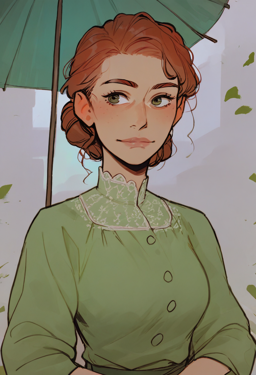 source_anime, score_9, score_8_up, score_7_up, 1girl, mature_female, solo, Pretending to hold a cute little umbrella, sideways, (Emerald green tunic), red hair, portrait, rating_safe, <lora:sdxl\pony diffusion\artist_styles\incase_old_pony:1.0>