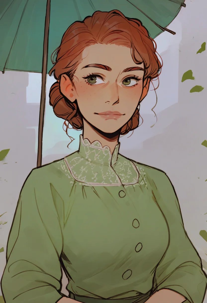 source_anime, score_9, score_8_up, score_7_up, 1girl, mature_female, solo, Pretending to hold a cute little umbrella, sideways, (Emerald green tunic), red hair, portrait, rating_safe, <lora:sdxl\pony diffusion\artist_styles\incase_old_pony:1.0>