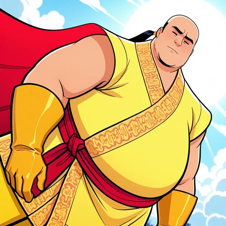 <lora:bigbang-000009:1> sdv-bigbang, 1boy, male focus, chubby, bald, long ponytail, black hair, =_=,
, cape kimono, japanese clothes, red waist sash, yellow latex gloves, superhero flaying, cloud, flaying,
masterpiece, colorful, vibrant, uhd, hdr, luminous lighting, amazing quality, highress, very aesthetic, dramatic angle, dynamic angle, dynamic pose,