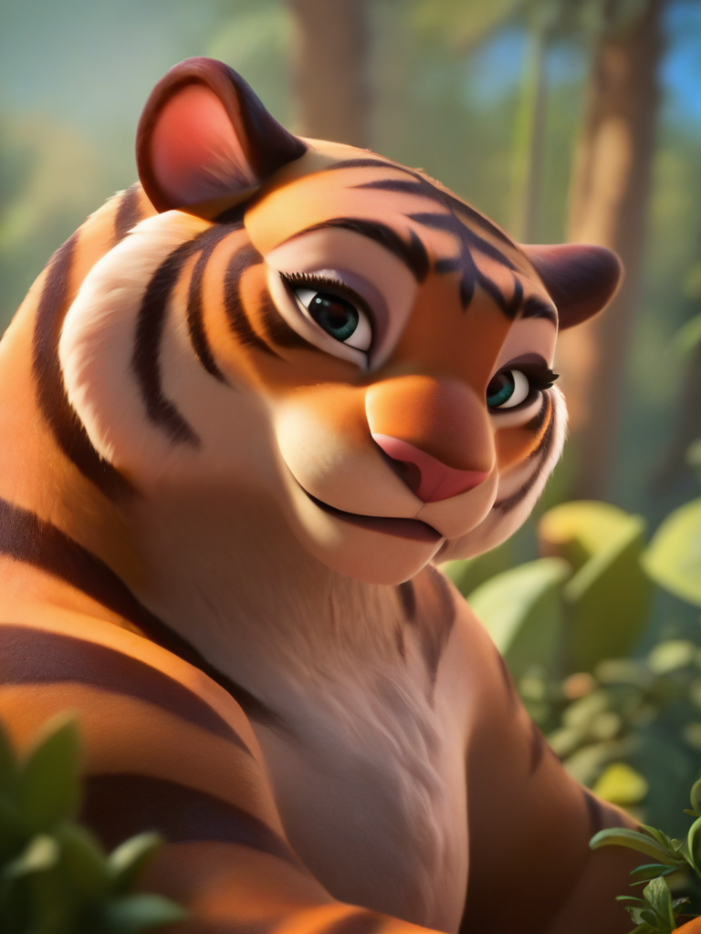 score_9, score_8_up, score_7_up, score_6_up, tiger sitting near to a tree, fur, jungle, a lot of vegetation, looking at looking at viewer, cute, cartoon, cowboy shot, dynamic angle,, no humans, animal,
 <lora:DisneyStudios_style:1> DisneyStyleXLP