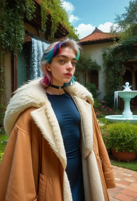 score_9, score_8_up, score_7_up, andrea, solo, 1girl, (tight shirt), braless, breasts apart, small breasts, garden, outdoors, choker, fountain, stucco house, rating_safe
cruella, multicolored hair, dress, fur coat