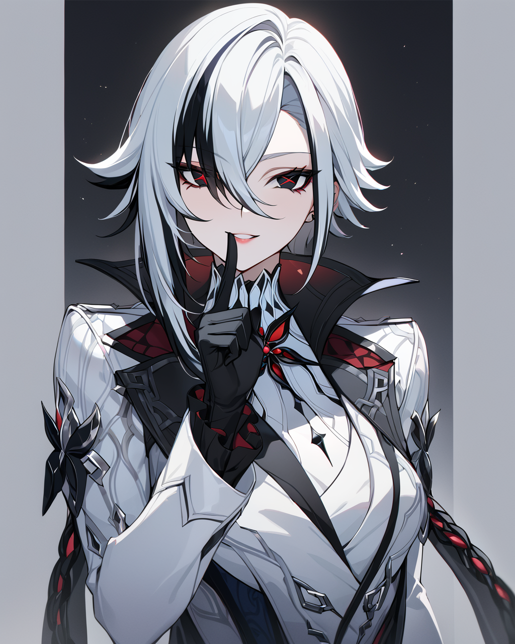 best quality, masterpiece,lora:arlecchino_new:1>ï¼parted_lips, sidelocks, turtleneck, black_gloves, x-shaped_pupils, :d, looking_at_viewer, simple_background, highres, english_commentary, finger_to_mouth, index_finger_raised, solo, grey_background, 1girl, arlecchino_\(genshin_impact\), long_sleeves, absurdres