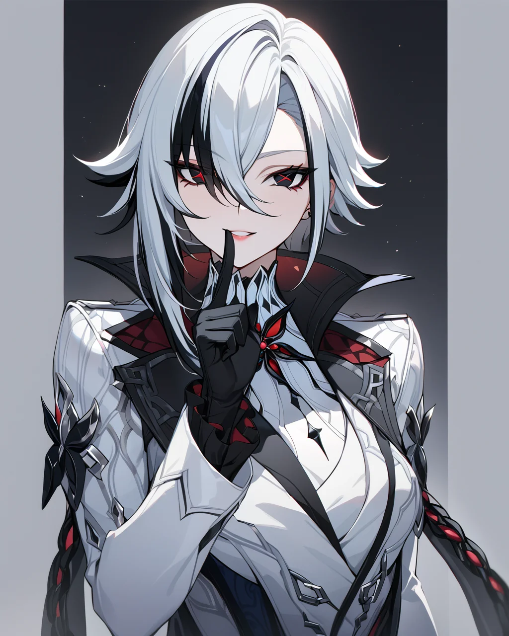best quality, masterpiece,lora:arlecchino_new:1>ï¼parted_lips, sidelocks, turtleneck, black_gloves, x-shaped_pupils, :d, looking_at_viewer, simple_background, highres, english_commentary, finger_to_mouth, index_finger_raised, solo, grey_background, 1girl, arlecchino_\(genshin_impact\), long_sleeves, absurdres