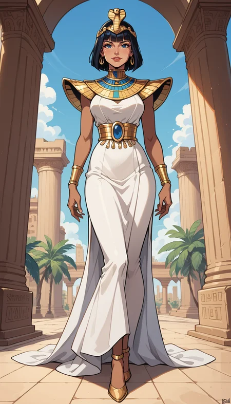 score_9, score_8_up, score_7_up, Western Comics, Full Body Shot, girl, egyptian queen, cute, seductive, innocent, light smile:0.3, plump lips, slender body, black hair, bob cut, perfect make-up, intricate jewelry, golden headdress, stands in a grand palace, captured in a walls adorned with hieroglyphics and torches flickering in, depth of field, dynamic angle, fashion photography, sharp, hyperdetailed:1.15