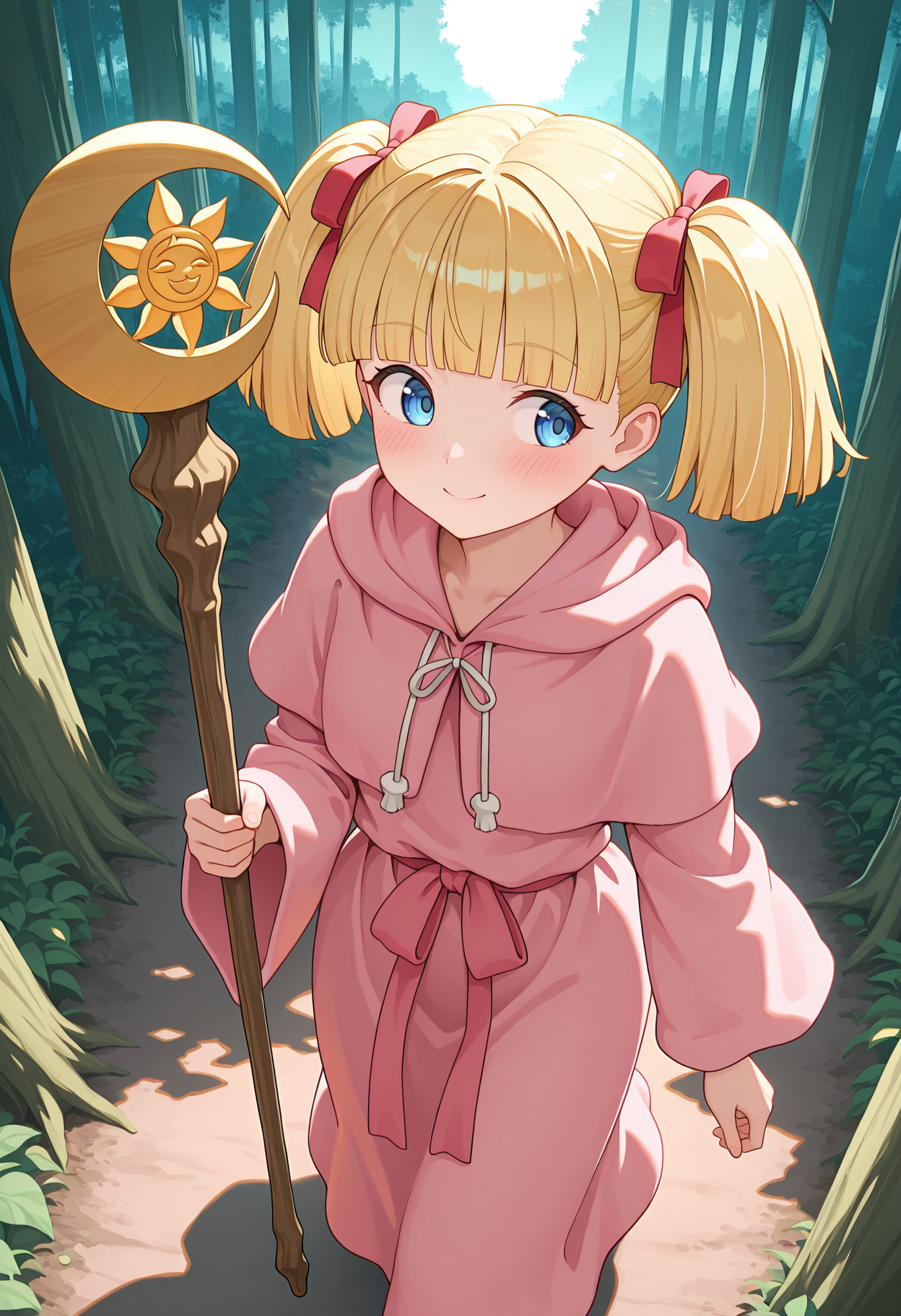 highres, best quality, masterpiece, outdoors, forest,
1girl, solo, rurupom, short twintails, blonde hair, blue eyes, blunt bangs, ribbon, hair ribbon,
hood, pink robe,
holding staff, sun symbol, crescent,
blush, smile, sideways glance,
walking, from above,
<lora:_ruru_comupom-elesico-ilxlE:1>