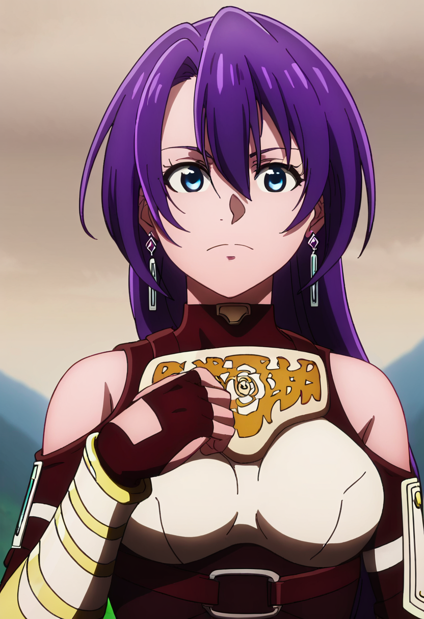 score_9,  <lora:Arthur_Pencilgon:1> arthur pencilgon, 1girl, armor, arthur pencilgon, bare shoulders, blue eyes, closed mouth, earrings, fingerless gloves, gloves, hair between eyes, long hair, portrait, purple hair, solo