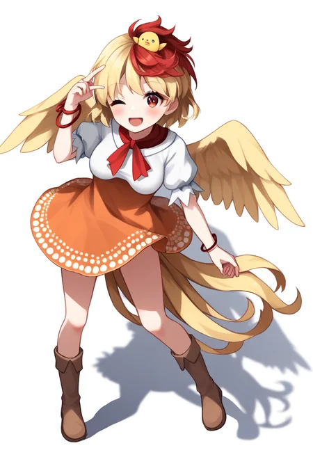 score_9,score_8_up,score_7_up,<lora:touhou_146:1>,1girl,;d,bare_legs,bird,bird_wings,blonde_hair,blush,boots,bow,bracelet,breasts,chick,commentary_request,dress,feathered_wings,feathers,full_body,highres,jewelry,looking_at_viewer,medium_breasts,multicolored_hair,niwatari_kutaka,one_eye_closed,open_mouth,orange_dress,puffy_short_sleeves,puffy_sleeves,red_bow,red_eyes,red_hair,red_neckwear,red_ribbon,ribbon,shadow,short_hair,short_sleeves,smile,solo,standing,tail,thighs,two-tone_hair,white_background,wings,wrist_bow,