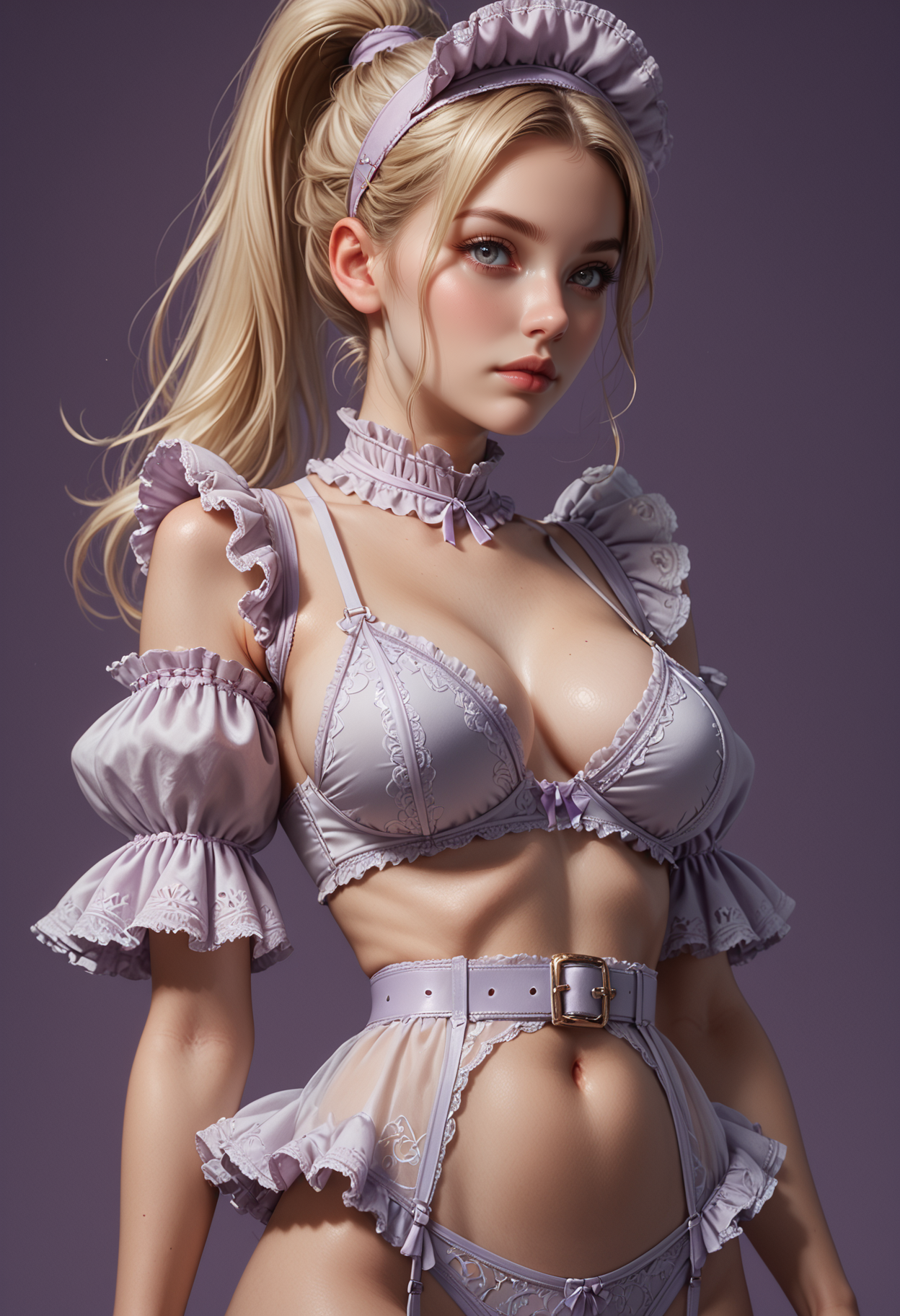 score_9, score_8_up, score_7_up, score_7, score_6_up, score_5_up, portrait, beautiful woman portrayed in her naturalness:sensual,noble,pure and self-confident, sporty, a woman wearing reij-rffllngr lingerie <lora:rufflelingerie-000005:1>, headwear, ruffled sleeves, pinup posing, sideview, over the shoulder looking to viewer, simple purple background, blonde, high ponytail, grey eyes, dynamic angle, from below