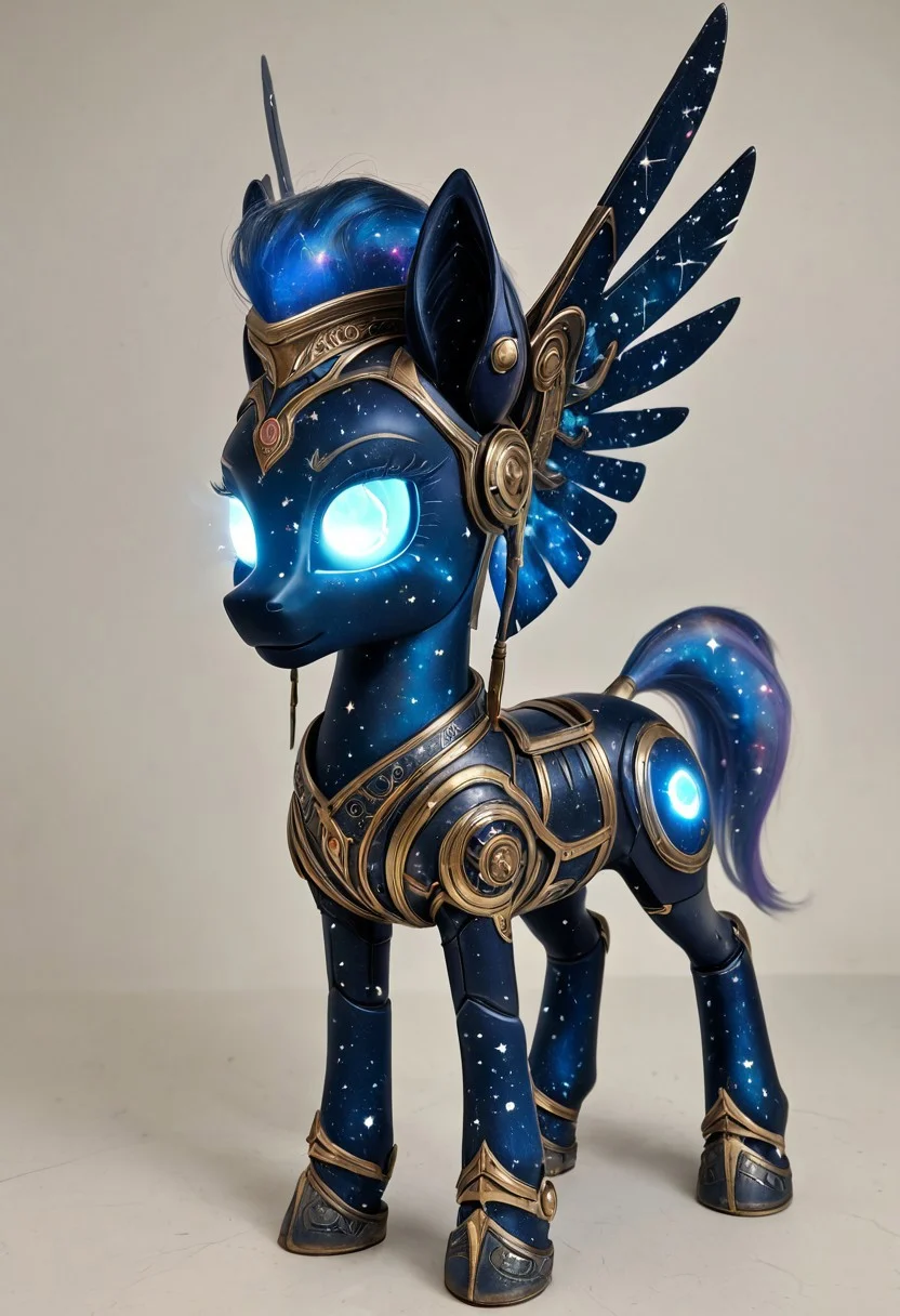 8k, ultra detailed, fantasy sci-fi fusion, a female android infused with galaxy matter, her metal limbs transparent with spiraling galaxies within, glowing circuits like constellations, "Galaxy Pony"