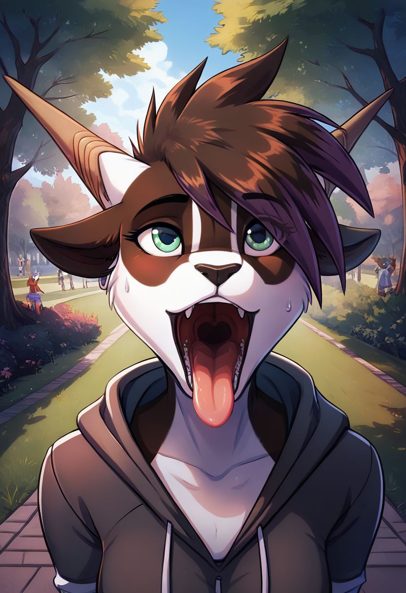 score_9, score_8_up, score_8, 1girl, smooth, anthro, dark fur, white belly, white markings, black fur, highly detailed,  perfect, high quality, high definition, outdoors, park, detailed background, nature, people in background, grey sweatpants, hoodie, on knees, face focus, mouth focus, close up, detailed mouth, up close, mouth open, open mouth, tongue out, looking inside mouth