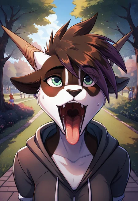 score_9, score_8_up, score_8, 1girl, smooth, anthro, dark fur, white belly, white markings, black fur, highly detailed,  perfect, high quality, high definition, outdoors, park, detailed background, nature, people in background, grey sweatpants, hoodie, on knees, face focus, mouth focus, close up, detailed mouth, up close, mouth open, open mouth, tongue out, looking inside mouth