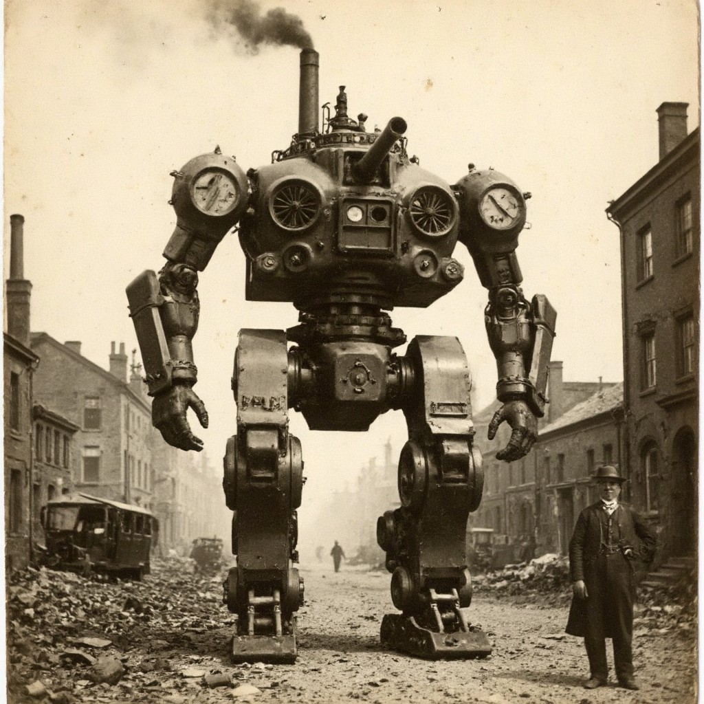 An aged worn sepia monochrome 1800s photograph of a steam powered mecha, turret with canon, walking robot, smokestacks up top, thick black smoke, walking through a war-damaged city,