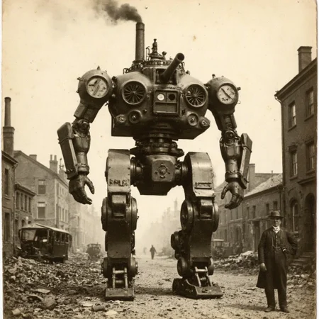 An aged worn sepia monochrome 1800s photograph of a steam powered mecha, turret with canon, walking robot, smokestacks up top, thick black smoke, walking through a war-damaged city,