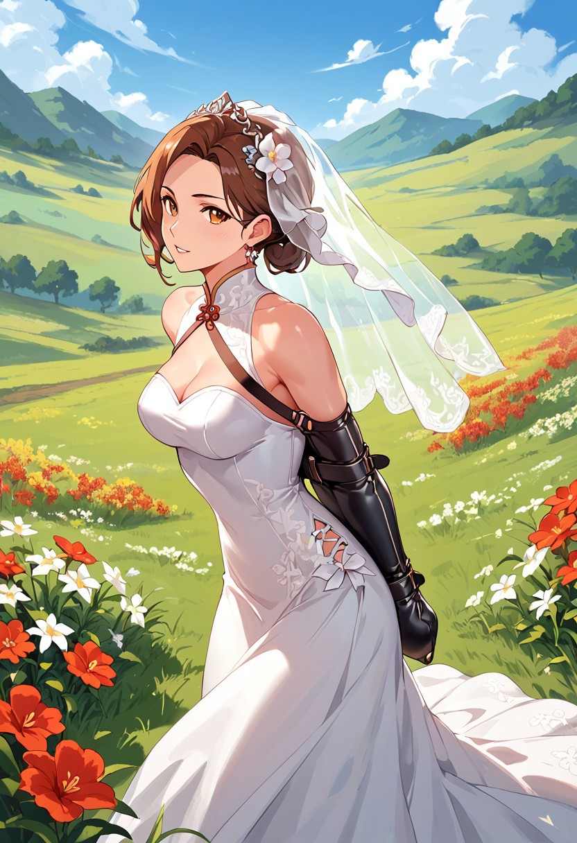 ethereal fantasy concept art,chinese girl,armbinder,arms behind back,bound,breasts,brown hair,looking at viewer, field of flowers, wedding dress,strap,outdoors,flowers,grass, score_9, score_8_up, score_7_up, painterly, fantasy art, cover art, dreamy