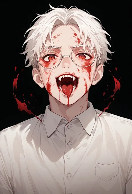 score_9, score_8_up, score_7_up, score_6_up, score_5_up, score_4_up, male school uniform, rounded glasses, solo, red eyes, open mouth, looking at viewer, blood, teeth, 1boy, male focus, shirt, monochrome, morgue background, score_9, score_8_up, score_7_up, score_6_up, score_5_up, score_4_up, male school uniform, glasses, solo, white hair, red eyes, open mouth, looking at viewer, blood, teeth, fangs, 1boy, male focus, shirt, blood on shirt, monochrome, morgue background, highly detailed, cinematic, <lora:add-detail-xl:1>, indoor, haunted morgue, haunted morgue background, tongue out