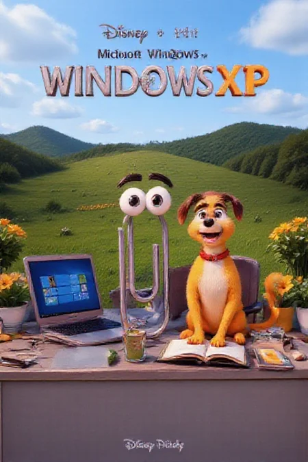 (masterpiece, absurdres, best quality,) perfection style, mvpstr, Epic Movie Poster for a 3-D animated Disney-Pixar movie titled "Microsoft Windows XP", "Microsoft" is in black lettering, "Windows" is in silver lettering, "XP" is in orange lettering, clippy, a paperclip with big eyes at the center, looking up, next to a dog with his tongue out yellow fur red collar and long floppy ears sitting and holding a open book, behind laptop, in front of the Bliss background, green hill, clouds, yellow flowers, no humans