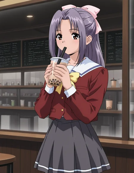 <lora:ghost-stories-v2-illustrious-000008:0.9> 1girl, solo, koigakubo, hair bow, school uniform, red shirt, skirt, bubble tea, drinking, cafe, masterpiece, best quality