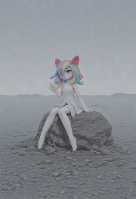 (((Kirlia))), female, anthro,(( pale white skin)), perfect quality, high quality, masterpiece, ambient occlusion, raytracing, 1girl, solo, kirlia sitting on rock outside, gummy worm hair, gradient hair, multicolored hair, snake hair, snake_hair, worm on a string hair, fluffy, multicolored hair, <lora:SankeHairILL:0.75> easynegative, Gumdusa, ((gummy worm hair))