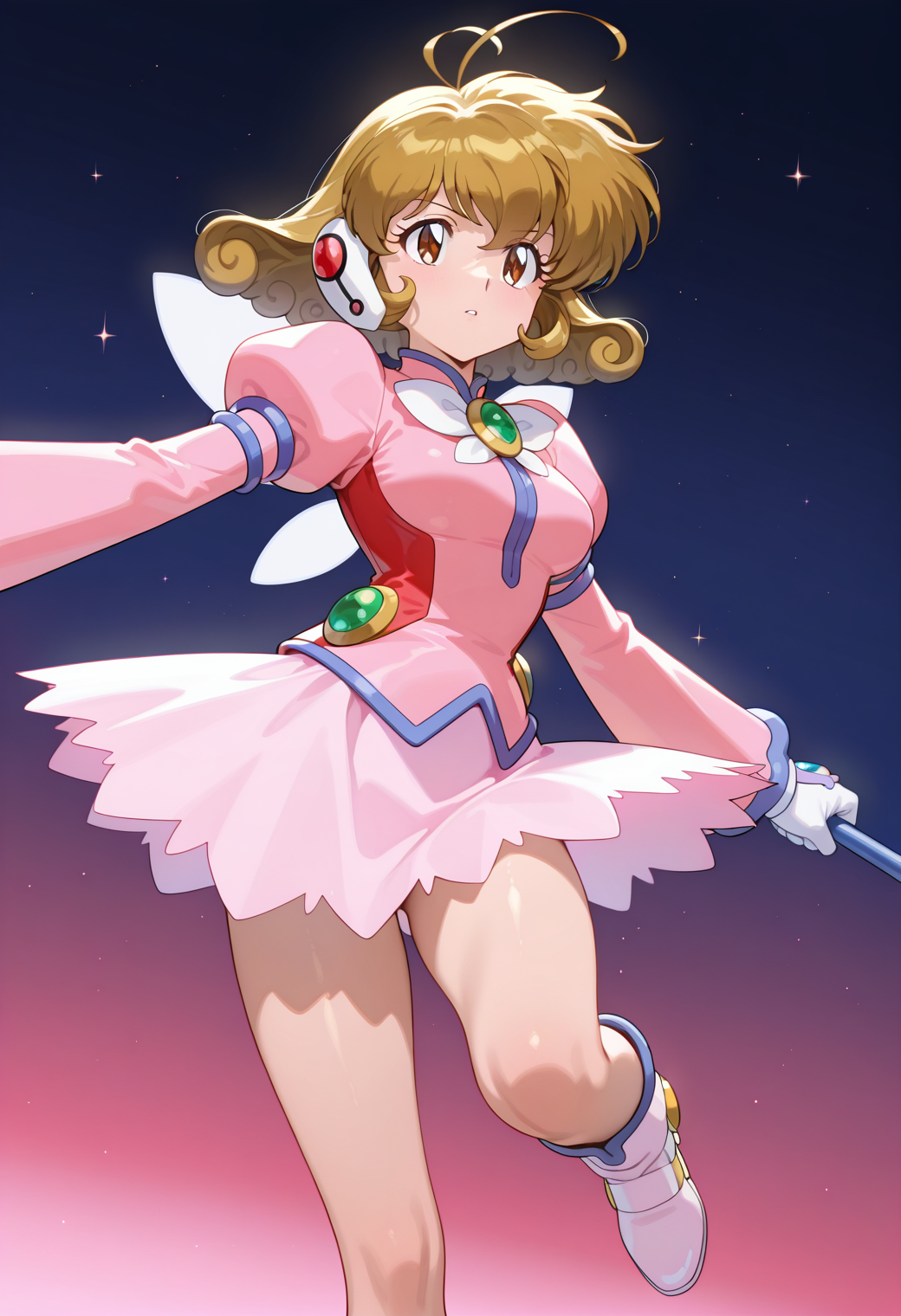 masterpiece, best quality, very aesthetic, absurdres, 1girl, solo,
<lora:corrector_yui_fairy_v01:1.0>, corrector_yui, fairy_element_suit, brown hair, short hair, antenna hair, curly hair, breasts,
magical girl, single headset, pink dress, long sleeves, puffy sleeves, wings, brooch, white gloves, pink miniskirt, boots, posing
