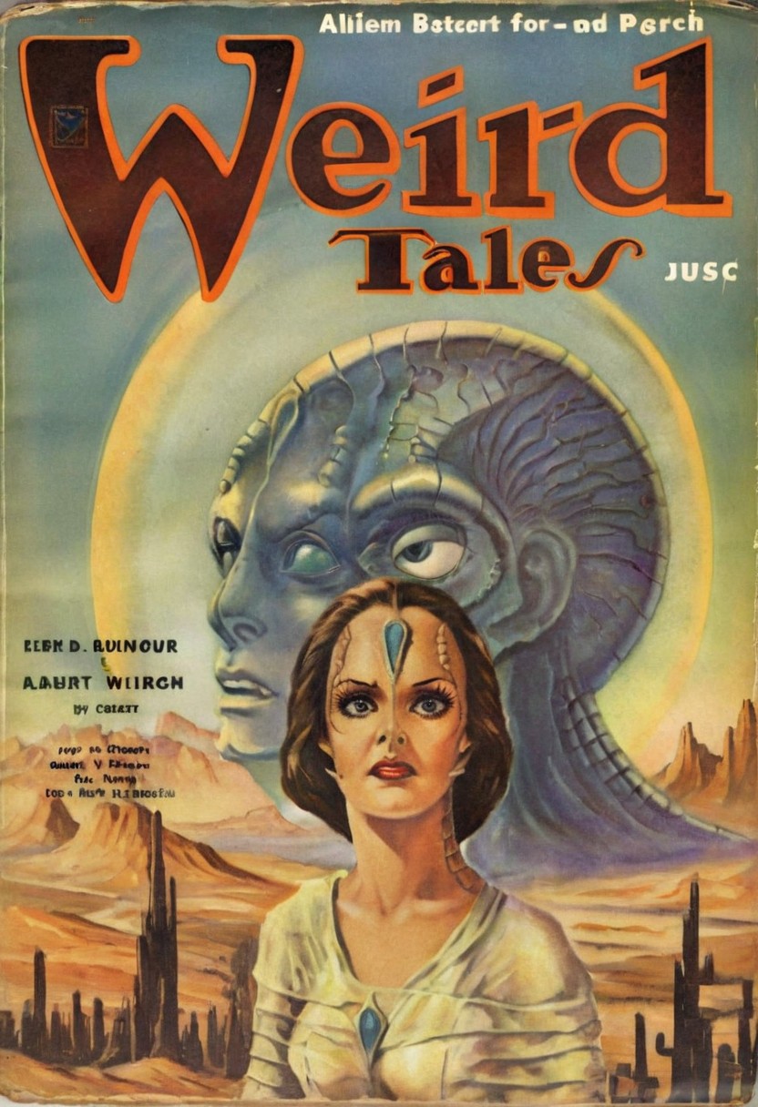 Weird Tales pulp magazine cover,
female c4rd45514n alien, forehead crest, grey skin, ridges, scales, standing on a desert planet with a retro futuristic city far in the background