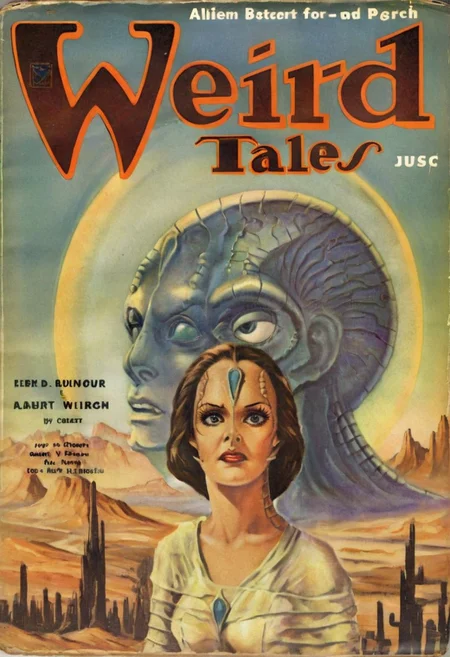 Weird Tales pulp magazine cover,
female c4rd45514n alien, forehead crest, grey skin, ridges, scales, standing on a desert planet with a retro futuristic city far in the background