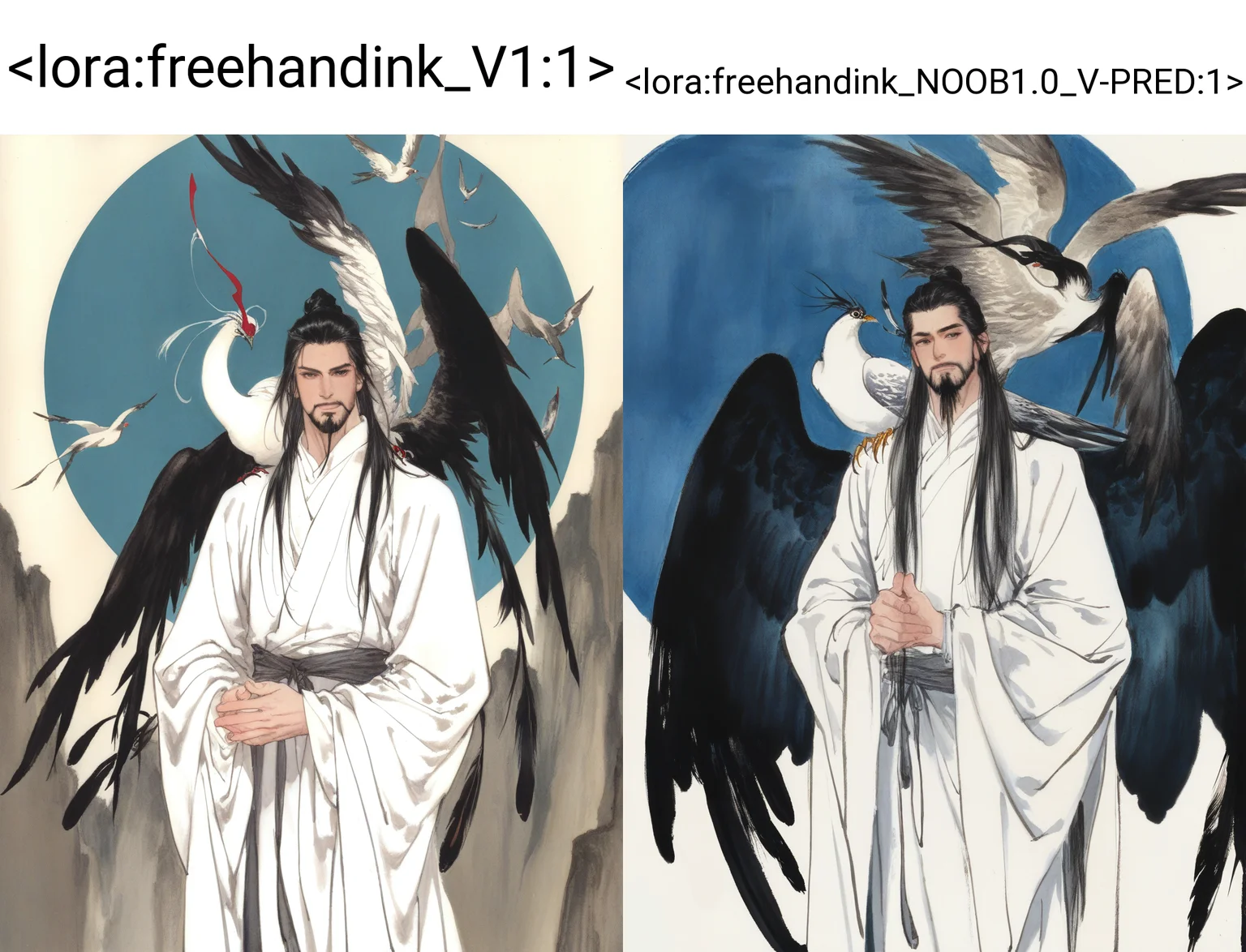 solo, long hair, looking at viewer, black hair, long sleeves, 1male, male focus, wings, facial hair, bird, animal, chinese clothes, own hands together, feathers, feathered wings, beard, robe, animal on shoulder, white robe, bird on shoulder, traditional media
masterpiece, absurdres,
<lora:freehandink_V1:1>