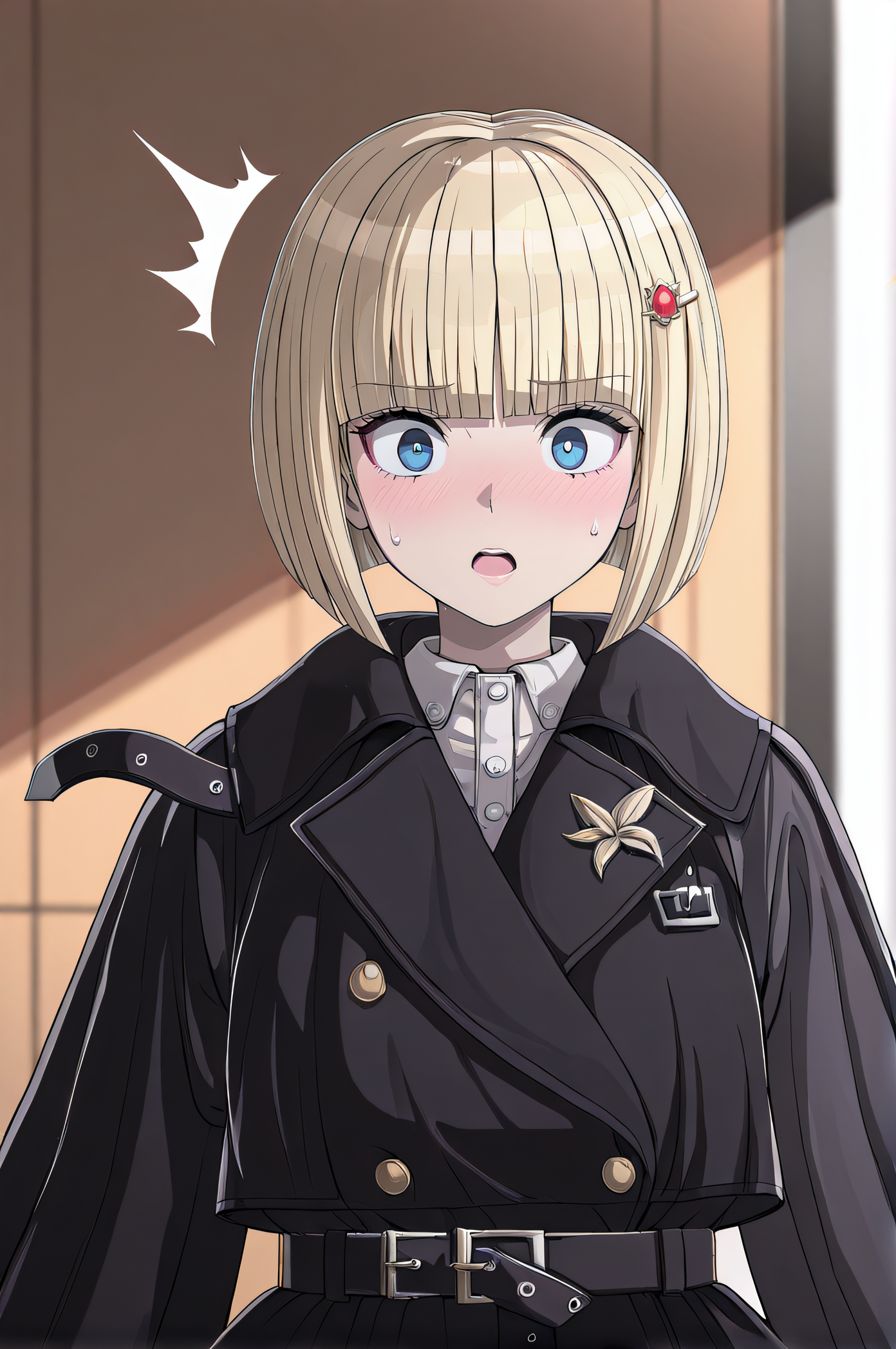 masterpiece, best quality, highres, newest, 1girl, solo, official style, artist cg, <lora:Oosuzuki_Kurara:1>, kurara, blonde hair, blue eyes, bob cut, blunt bangs, hairpin, black coat, belt, long sleeves, cape, jacket, buttons, looking at viewer, upper body, blush, surprised, sweatdrop