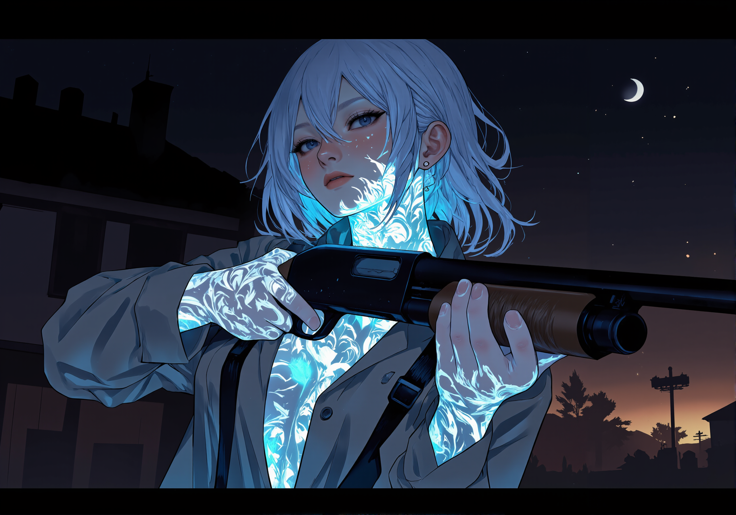 detailed digital illustration of a preppy young woman aiming Model870 pump action shotgun one hand on the wooden handguard, the other hand on the wooden grip and the stock braced against her shoulder, in a shooting stance, wearing demin jacket, striped shirt, she has luminescent bio ink designs on her exposed skin, detailed background at night, (Colored JJK Manga Style:0.5), (Mangaka style:0.5), bio ink<lora:Jujutsu_Kasien_Colored_Manga-000001.safetensors:0.5:0.5> <lora:Model870-18.safetensors:1:1> <lora:Mangaka V2.safetensors:0.5:0.5> <lora:BioInk2FLUX.safetensors:1:1>